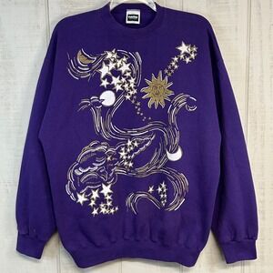 Vtg Tultex Celestial Cosmic Sweatshirt Adult XL Purple‎ Glitter Gold 90s Whimsy